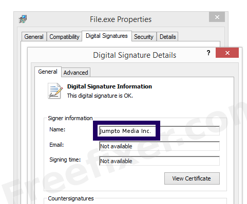 Screenshot of the Jumpto Media Inc. certificate